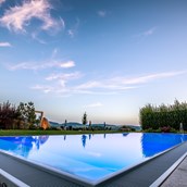 Luxusurlaub: Infinity-Außenpool im großzügig angelegten Wellnessgarten mit Panoramablick  - Landrefugium Obermüller