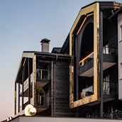 Luxushotel - Moderne Architektur mit verkohltem Holz und goldenen Rahmen - Alpin Garden Luxury Maison & Spa