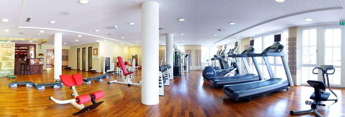 Luxushotel: Fitnessraum mit modernen Fitnessgeräten und perfektem Panoramablick auf die Radstädter Berge - Hotel Gut Weissenhof ****S
